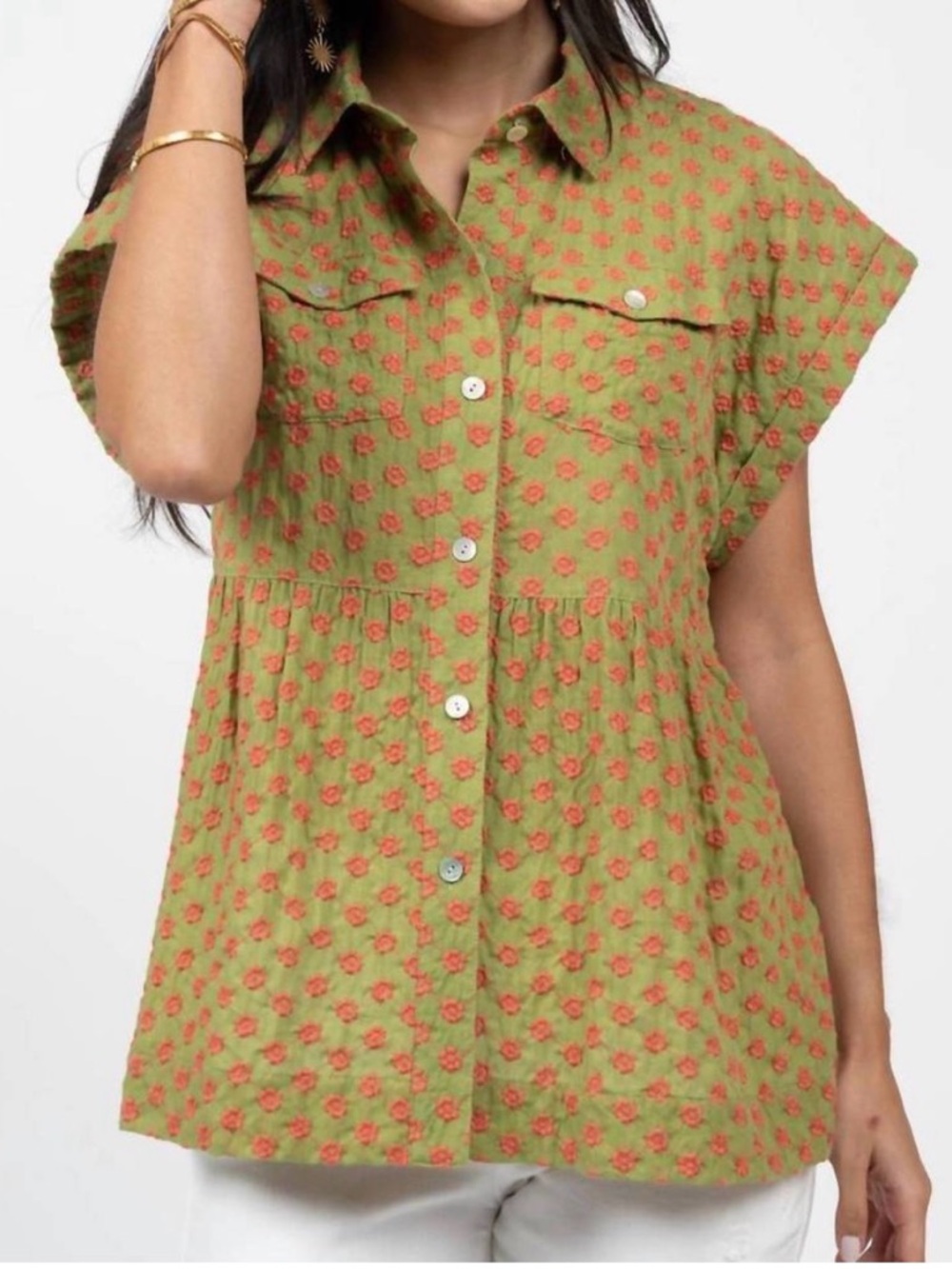 ivy jane Olive Green Short Sleeve Button-Up Blouse w/Coral Dot Embroidery Sz XS